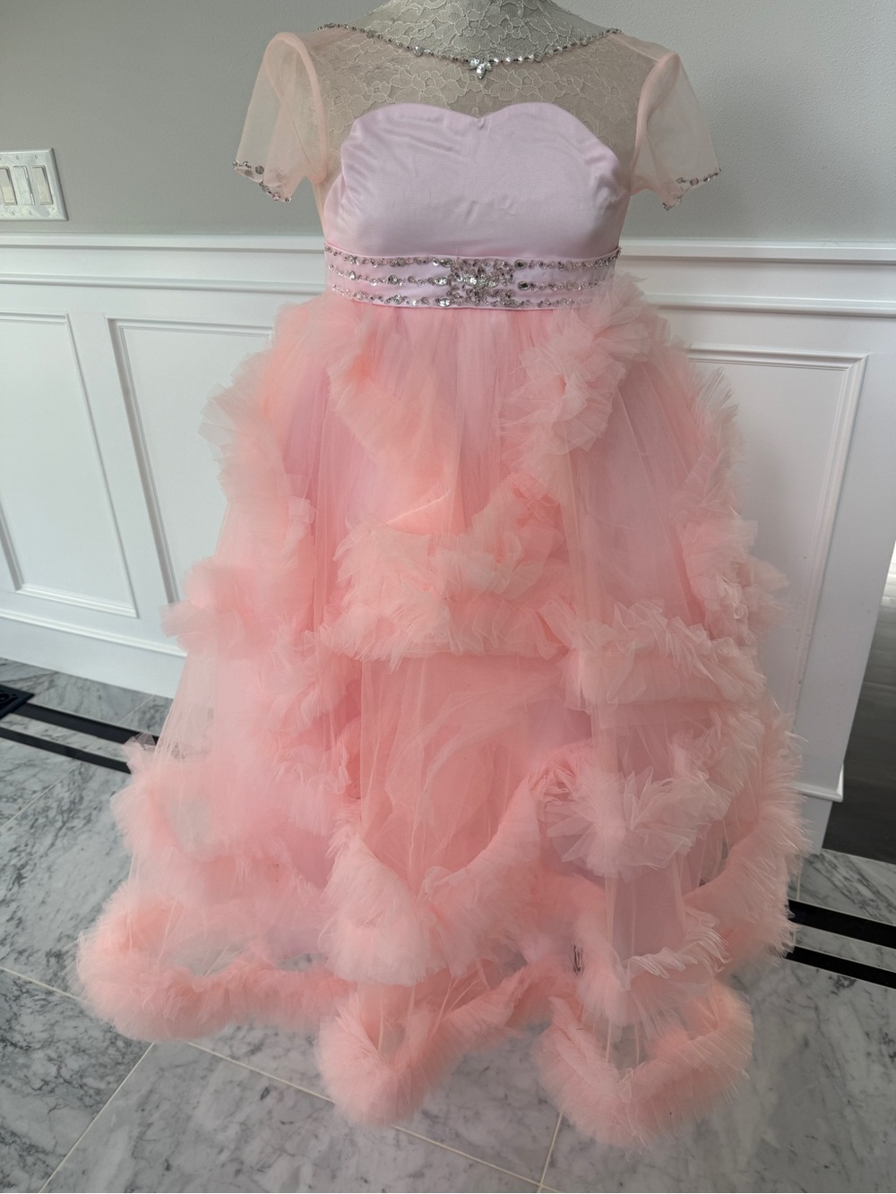 Girls Pink Tulle Party Dress with Rhinestone Waist
